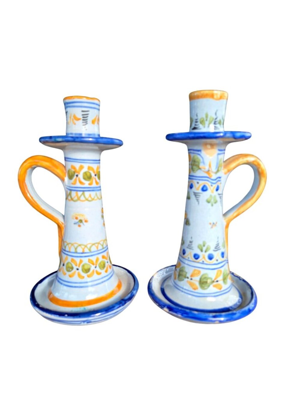 Talavera Hand-painted Spain Mexico Blue Orange Floral Pottery Candlestick Pair